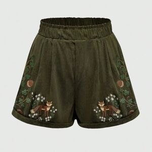 ROMWE Fairycore Vacation Olive Green WomenEmbroidered Olive Green Women's Shorts